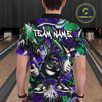 Person wearing a colorful bowling shirt with a cartoon character and 'Team Name' text in a bowling alley.