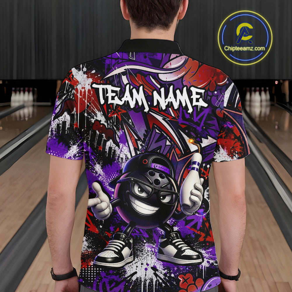 Person wearing a colorful bowling shirt with a cartoon character and 'TEAM NAME' text in a bowling alley.