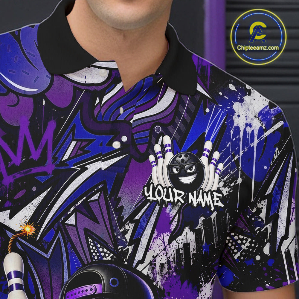 Colorful polo shirt with abstract design and 'Your Name' text, brand logo visible.
