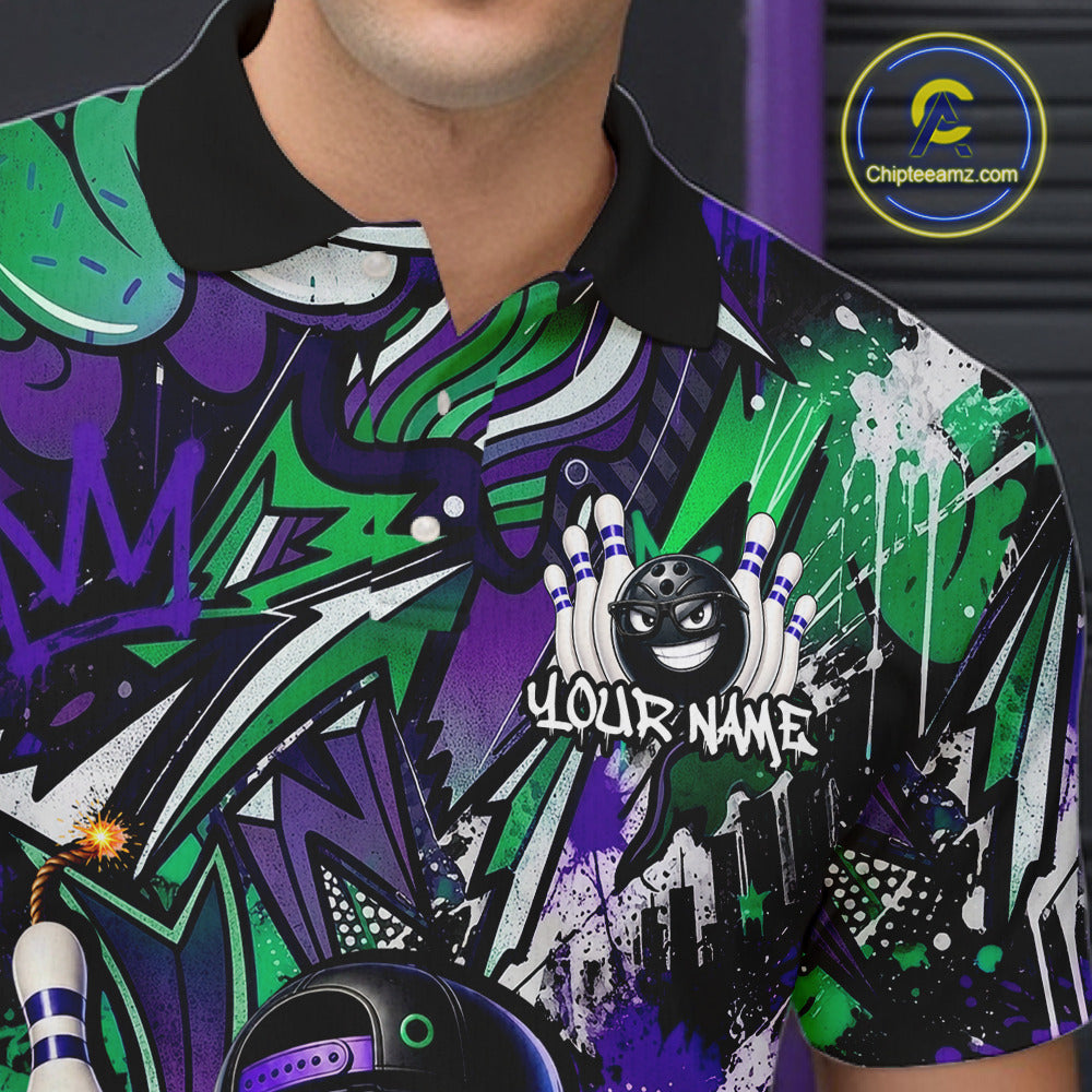 Colorful polo shirt with graphic design and 'Your Name' text, brand logo visible.