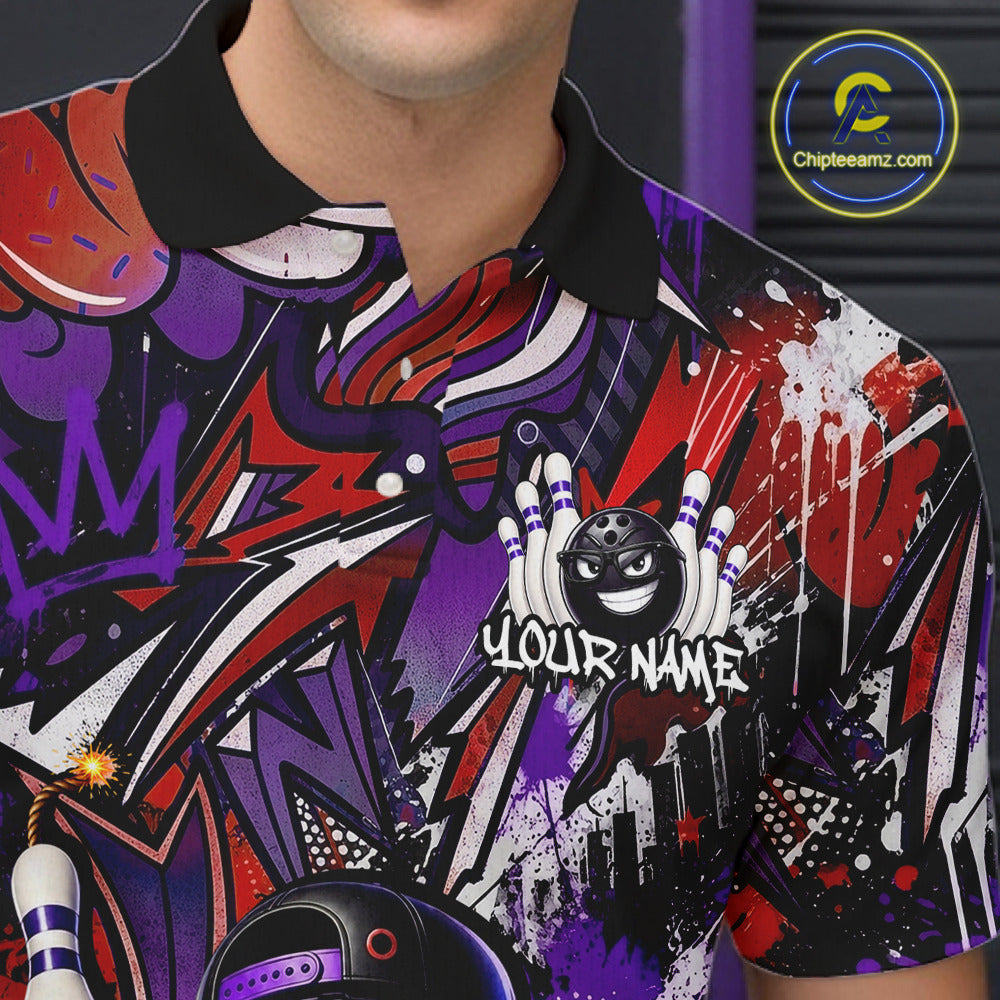 Colorful graphic polo shirt with abstract design and 'Your Name' text, brand logo visible.