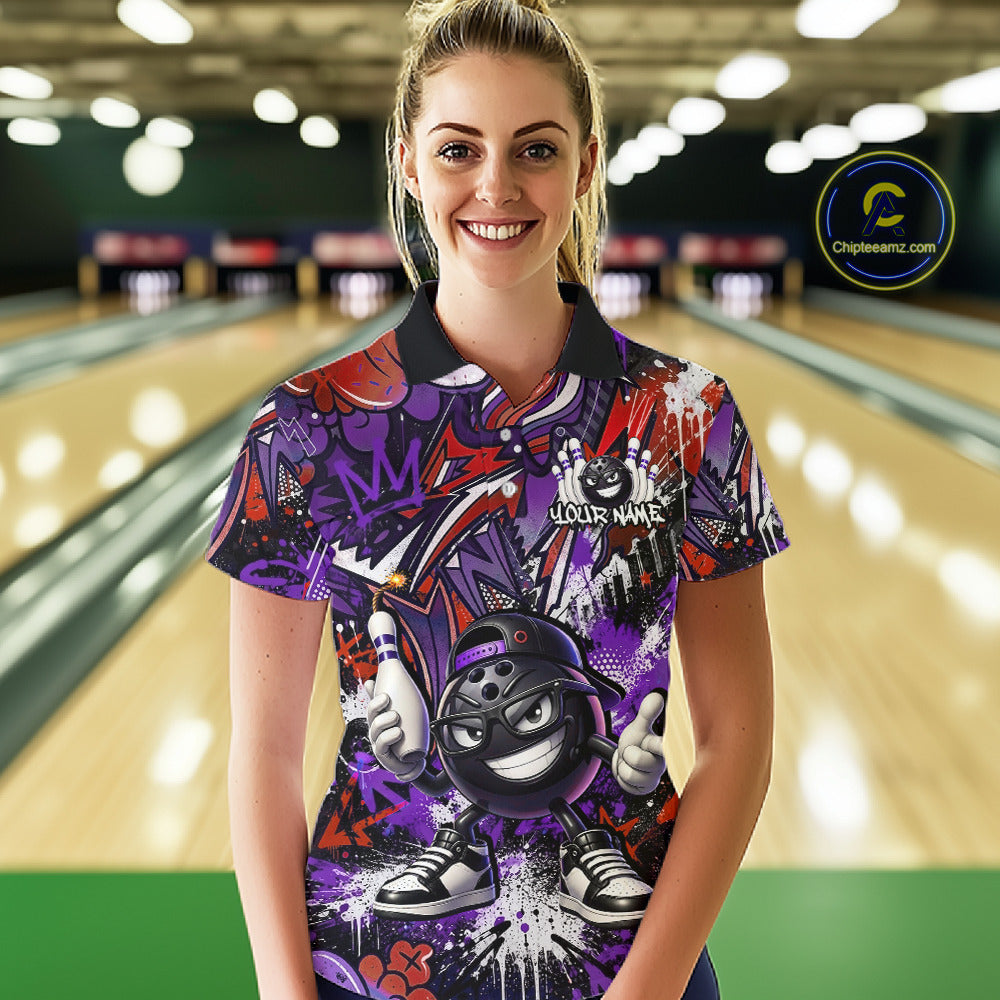 Custom Purple Red Graffiti Funny Bowling Mascot Shirt for Women Polo & 1/4 Zip for Bowling Team QZT1062