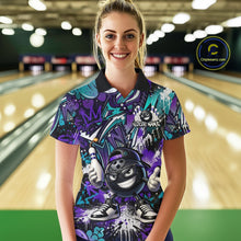 Load image into Gallery viewer, Woman wearing a colorful bowling shirt with a graphic design in a bowling alley.