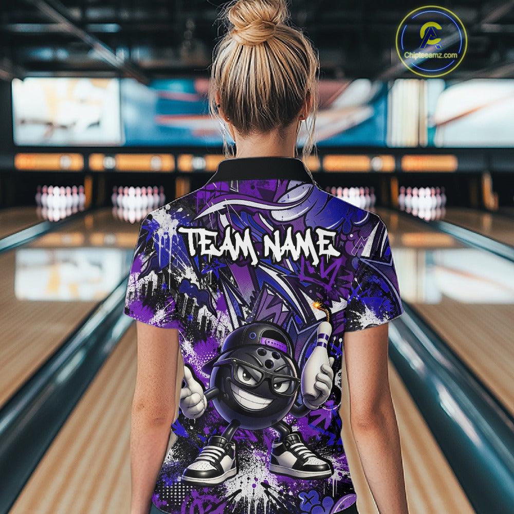 Person wearing a purple bowling shirt with 'TEAM NAME' text in a bowling alley.