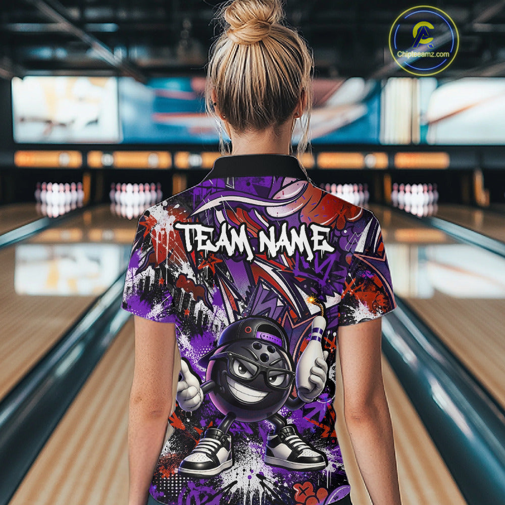 Custom Purple Red Graffiti Funny Bowling Mascot Shirt for Women Polo & 1/4 Zip for Bowling Team QZT1062