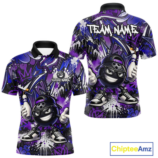 Purple and black polo shirt with cartoon character and 'Your Name' and 'Team Name' text on a white background