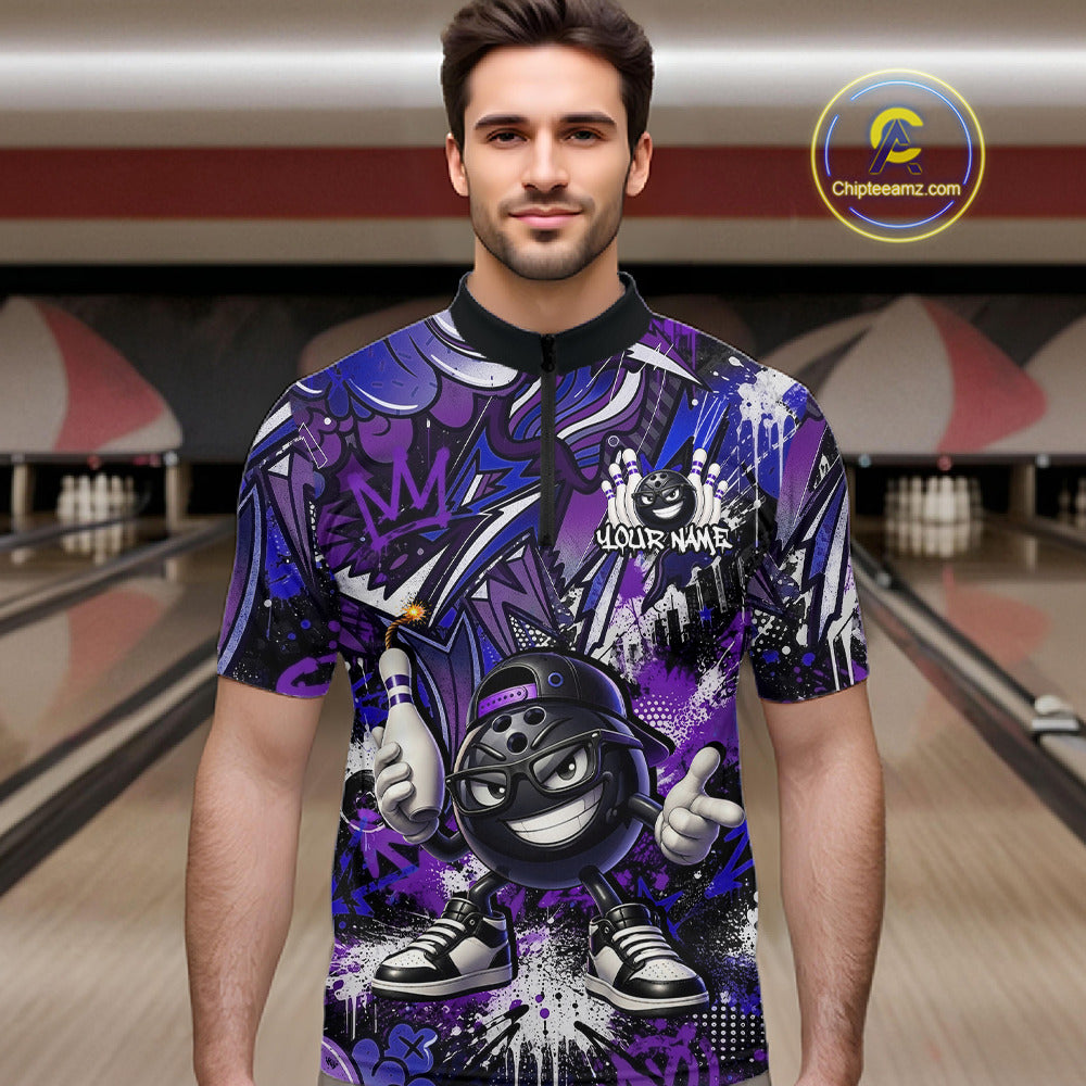 Man wearing a colorful bowling shirt with a design on a bowling alley background