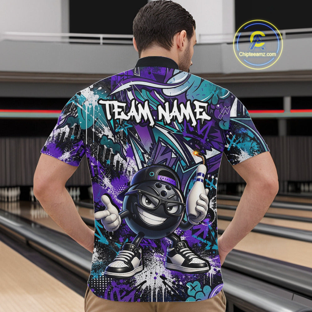 Man wearing a colorful bowling shirt with a cartoon bowling ball design in a bowling alley.