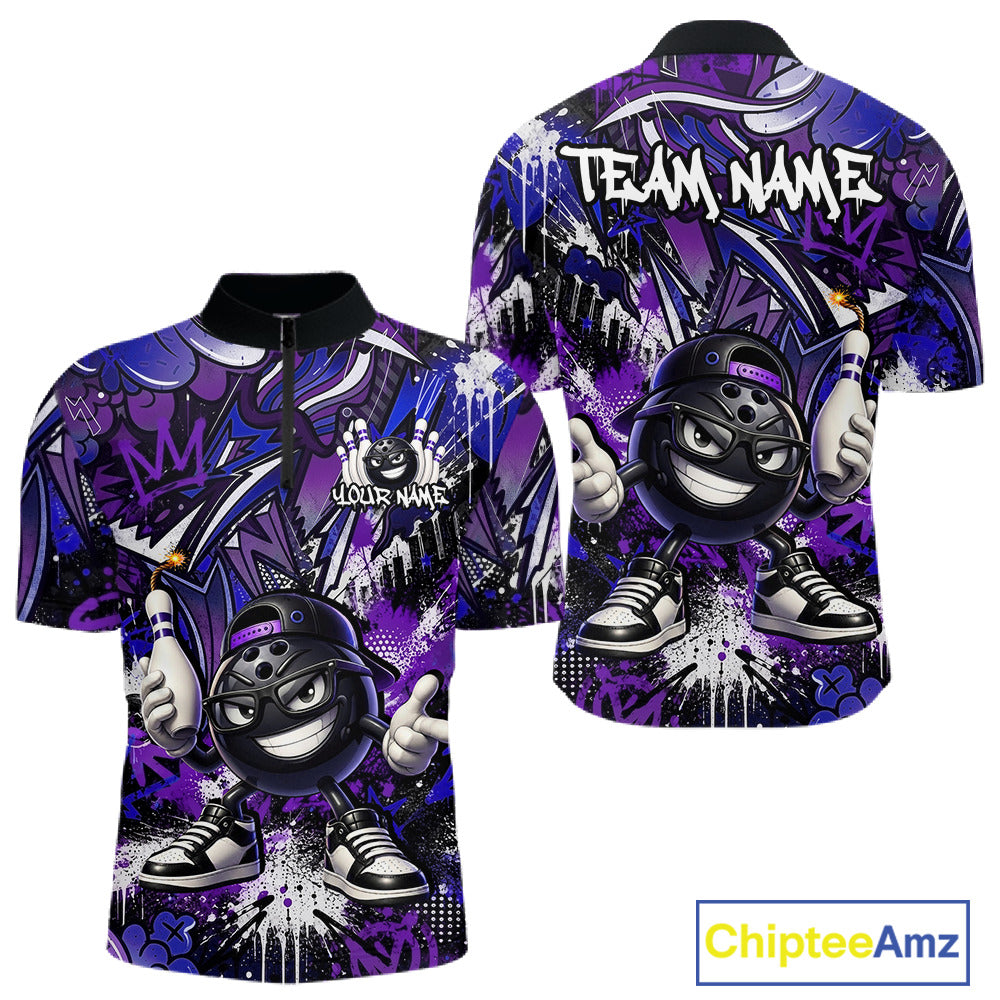 Purple and black bowling shirt with cartoon character and 'Your Name' and 'Team Name' text, featuring Chiptee Amz branding.