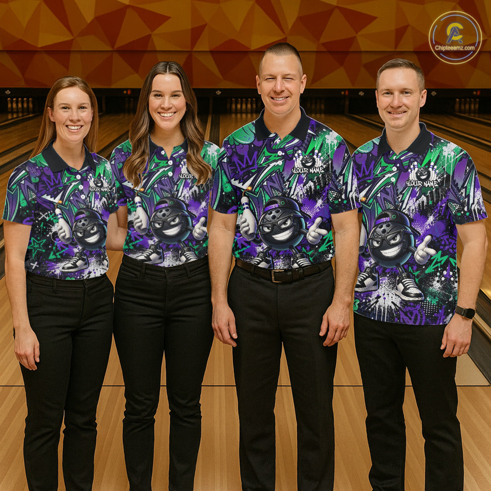 Four people wearing matching bowling shirts with a gorilla design in a bowling alley.