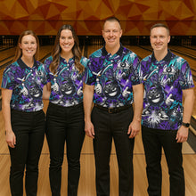 Load image into Gallery viewer, Four people wearing matching bowling shirts with a gorilla design in a bowling alley.