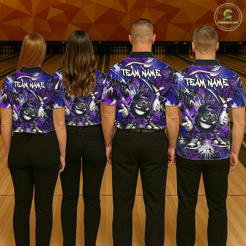 Four people wearing matching purple and black bowling shirts with a team name on a bowling alley.