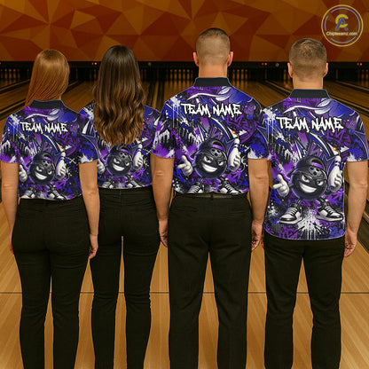 Four people wearing matching purple and black bowling shirts with a team name on a bowling alley.