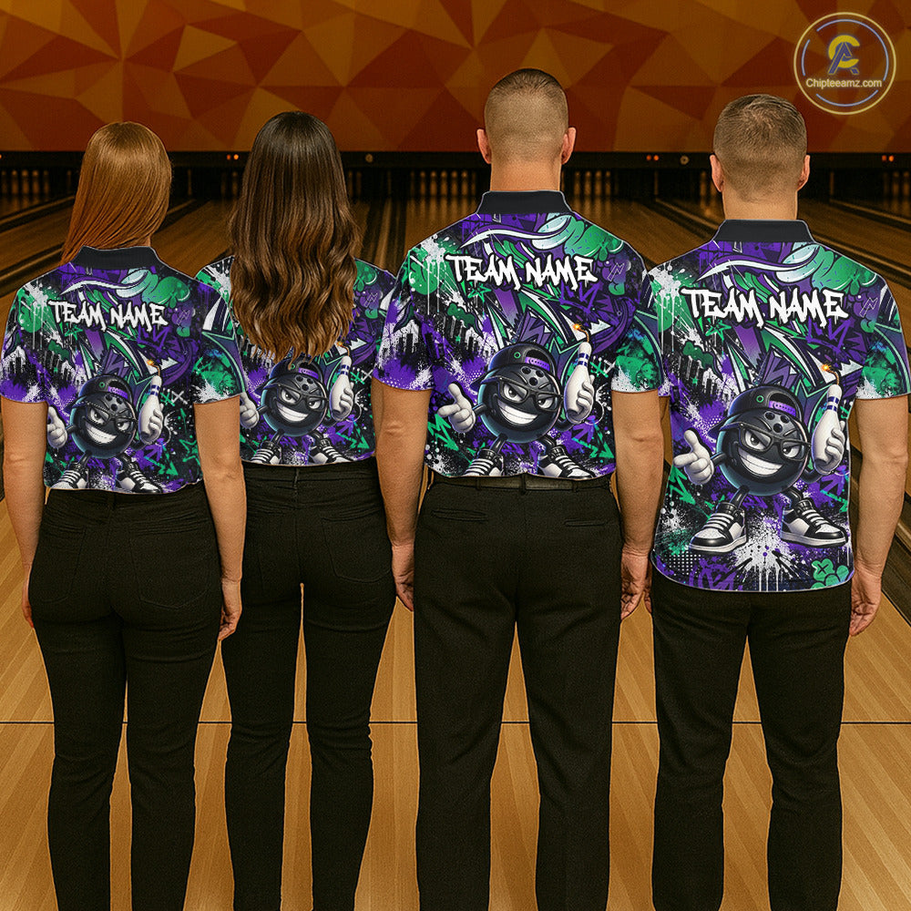 Four people wearing matching team jerseys with a gorilla graphic on a bowling alley background.