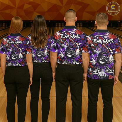 Four people wearing matching team jerseys with a colorful design on a bowling alley background.
