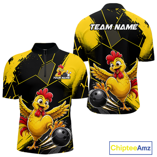 Custom Black & Yellow Funny Chicken Bowling Shirt for Men Bowling Team Jersey Polo & Quarter-Zip QZT1010