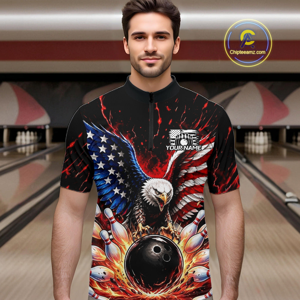 Man wearing a bowling shirt with an eagle and American flag design in a bowling alley.