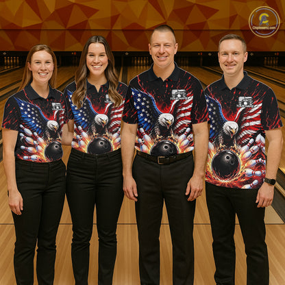Four people wearing matching bowling shirts with eagle and ball designs on a bowling alley.