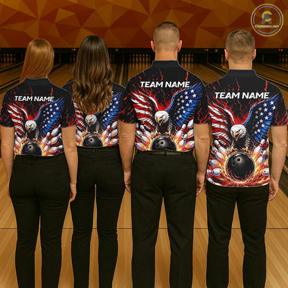 Four people wearing bowling shirts with eagle and American flag design on a bowling alley.