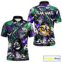 Load image into Gallery viewer, Purple green polo shirts with a cartoon character and 'Team Name' text.