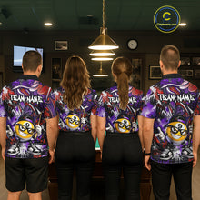 Load image into Gallery viewer, Four people wearing matching purple billiard shirts with a team name and 9 ball design in a pool hall.