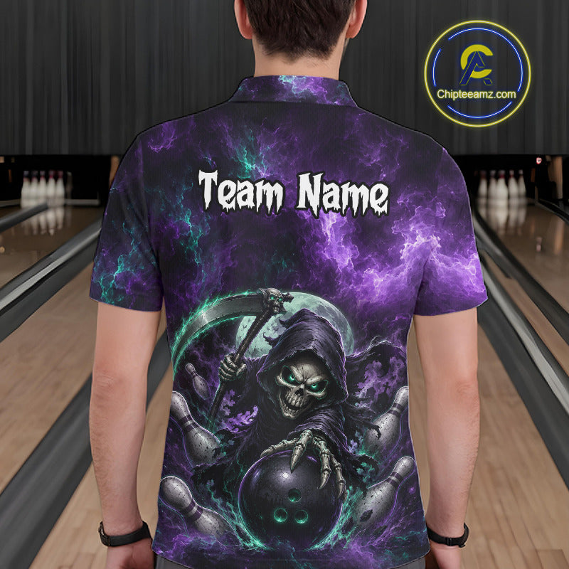 A man viewed from behind wearing a short-sleeve bowling shirt with a purple and black grim reaper graphic, holding a bowling ball, with 'Team Name' printed on the back. Bowling lanes are visible in the background