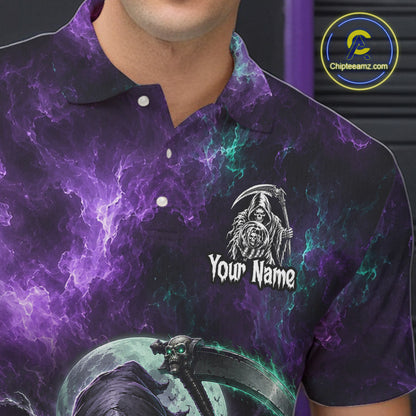 A close-up of a person wearing a short-sleeve polo shirt with a dark purple and black cosmic nebula print, featuring a white grim reaper graphic with the text 'Your Name' on the chest.
