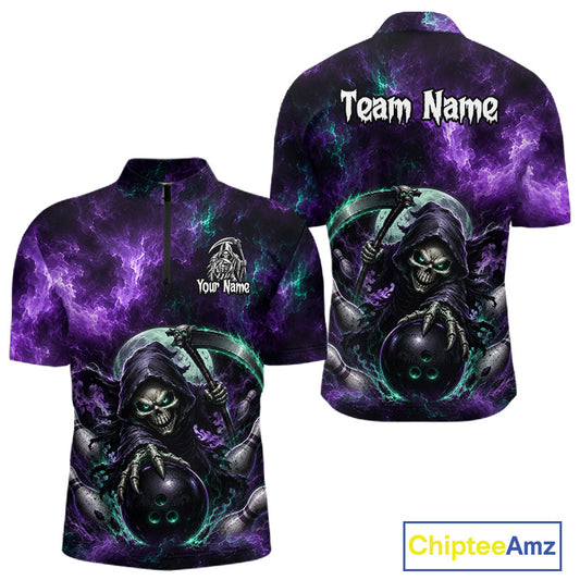 Front and back views of a short-sleeve quarter-zip shirt featuring a dark grim reaper graphic holding a bowling ball, with purple and teal lightning effects. The front has a quarter-zip collar and customizable text/logo placeholders, while the back shows 'Team Name' text.