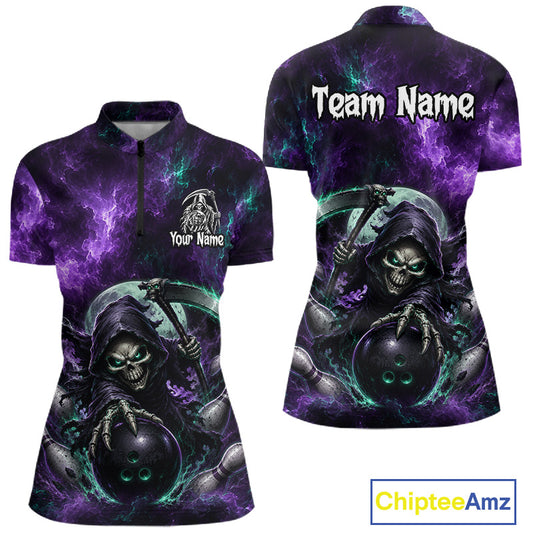 Front and back views of a short-sleeve quarter-zip shirt with a dark purple and black graphic print featuring a grim reaper holding a bowling ball, with 'Team Name' and 'Your Name' placeholder text on a white background.