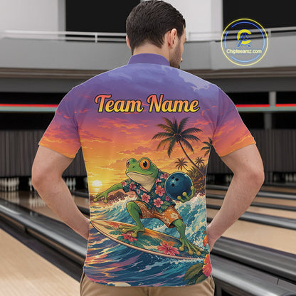 A man viewed from behind wearing a short-sleeve button-up shirt with a large colorful graphic print. The shirt features a frog surfing on a wave with palm trees and a sunset sky, plus the text 'Team Name' across the upper back.