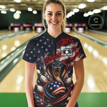 Load image into Gallery viewer, Woman wearing a custom bowling shirt with American flag design in a bowling alley.
