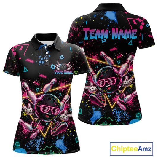 Black short-sleeve polo shirt shown from front and back with a neon bowling-themed graphic. The design features a cartoon bowling ball wearing pink sunglasses, bowling pins, splatter paint, triangles, and customizable text reading TEAM NAME and YOUR NAME.