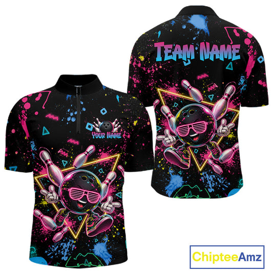 A black short-sleeve quarter-zip polo shirt shown from both front and back, featuring a neon pink and blue bowling-themed graphic with bowling pins, bowling balls, paint splatters, and customizable text areas reading 'TEAM NAME' and 'YOUR NAME'.