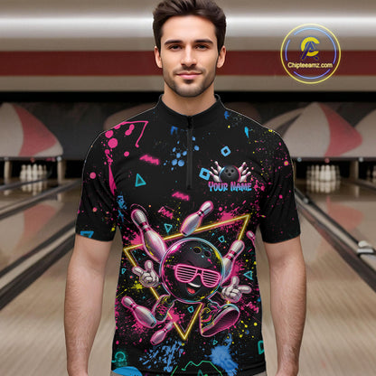 A man wearing a black short-sleeve quarter-zip cycling jersey with a colorful neon bowling graphic and 'YOUR NAME' placeholder text, set against a blurred bowling alley background.