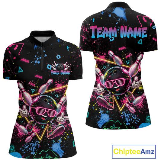 A black short-sleeve polo shirt shown from the front and back, featuring a neon bowling-themed graphic with pink, blue, and yellow paint splatter, bowling pins, and a cartoon bowling ball wearing sunglasses. The back has 'TEAM NAME' and the front has 'YOUR NAME' printed in stylized text.