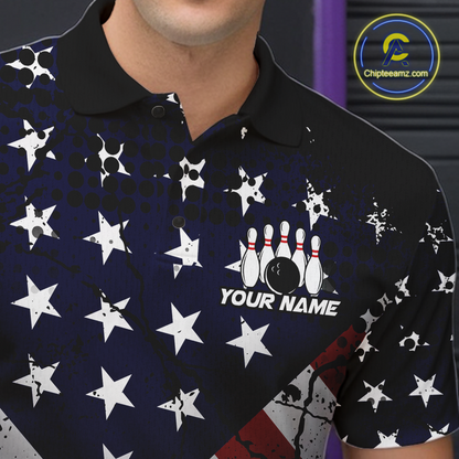 Custom American Flag Funny Bowling Team Shirt for Men Polo & Quarter-Zip Bowling Jersey Blue Red White QZT928