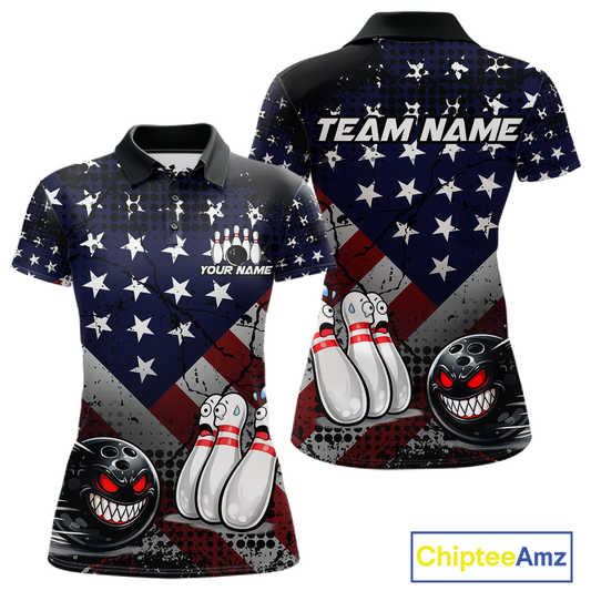 Custom American Flag Funny Bowling Team Shirt for Women Polo & Quarter-Zip Bowling Jersey Blue Red White QZT928