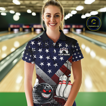 Load image into Gallery viewer, Custom American Flag Funny Bowling Team Shirt for Women Polo &amp; Quarter-Zip Bowling Jersey Blue Red White QZT928