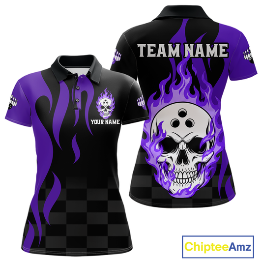 Purple Flame Skull Bowling Shirt Bowling Team Jersey for Women Polo & 1/4-Zip QZT931