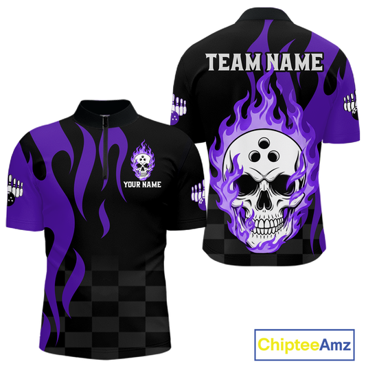 Purple Flame Skull Bowling Shirt Bowling Team Jersey for Men Polo & 1/4-Zip Bowling Outfit QZT931