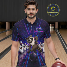 Load image into Gallery viewer, Man wearing a colorful bowling-themed shirt with a raccoon graphic in a bowling alley.