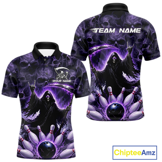 Custom Grim Reaper Bowling Shirt for Men Skull Pattern Bowling Jersey Polo &1/4 Zip QZT978