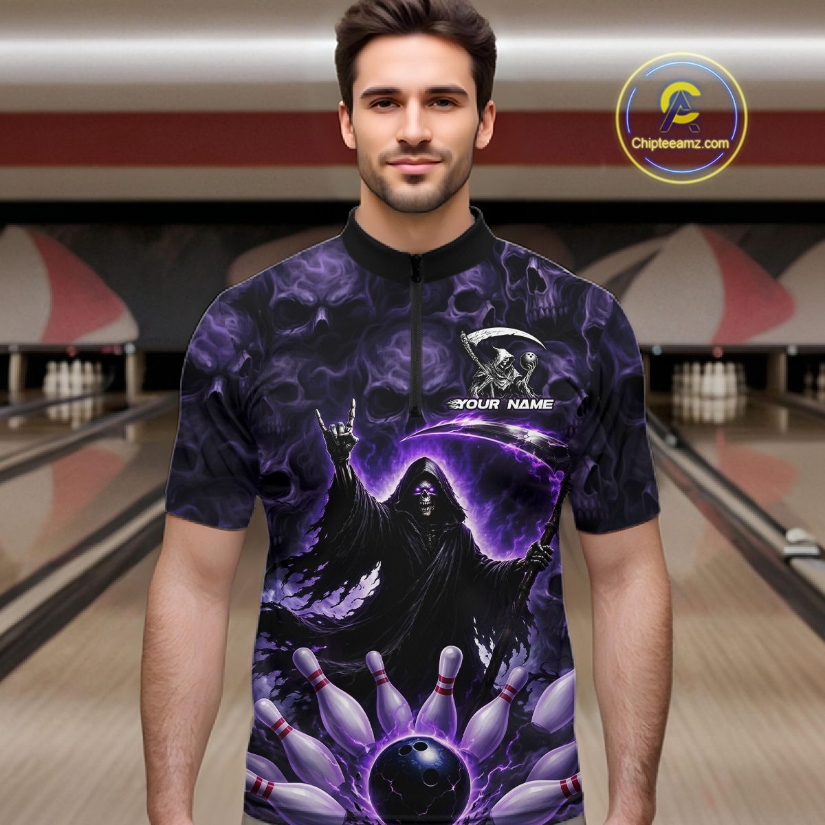 Custom Grim Reaper Bowling Shirt for Men Skull Pattern Bowling Jersey Polo &1/4 Zip QZT978
