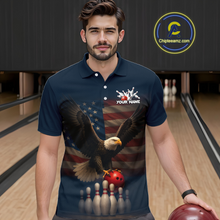 Load image into Gallery viewer, Male model wearing custom navy patriotic bowling polo shirt front view featuring a bald eagle, American flag and bowling pins, displaying Your Name, at the bowling alley