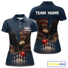 Load image into Gallery viewer, Front and back view custom navy patriotic bowling polo shirt featuring a bald eagle, American flag, bowling ball and bowling pins, displaying Your Name and Team Name