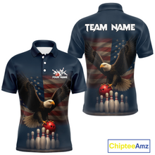 Load image into Gallery viewer, Front and back view custom navy patriotic bowling polo shirt featuring a bald eagle, American flag, bowling ball and bowling pins, displaying Your Name and Team Name