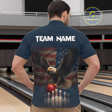 Load image into Gallery viewer, Man wearing custom navy patriotic bowling quarter-zip shirt back view featuring a bald eagle and American flag, displaying Team Name, at the bowling alley