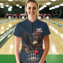 Load image into Gallery viewer, Woman wearing custom navy patriotic bowling quarter-zip shirt front view featuring a bald eagle, American flag and bowling pins, displaying Your Name, at the bowling alley