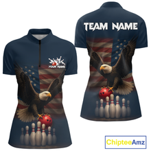 Load image into Gallery viewer, Front and back view custom navy patriotic bowling quarter-zip shirt featuring a bald eagle, American flag, bowling ball and bowling pins, displaying Your Name and Team Name