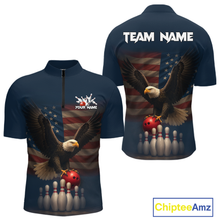 Load image into Gallery viewer, Front and back view custom navy patriotic bowling quarter-zip shirt featuring a bald eagle, American flag, bowling ball and bowling pins, displaying Your Name and Team Name